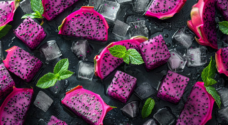 Purple dragon fruit slices and ice cubes on a wet black surface, with fresh mint leaves.の素材