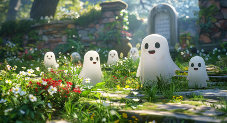 A group of cartoon ghosts with happy faces stand in a field of flowers with a rocky structure in the background. The sun shines brightly in the distance.の素材