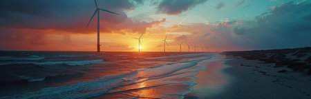 A row of wind turbines stand tall on the sandy shore of a beach at sunset, with the ocean waves crashing in the background. The sky is a beautiful blend of orange and blue hues, creating a stunning visual contrast.の素材