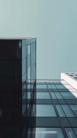 A low angle view of the glass facade of a modern skyscraper, with the sky reflected in the windows. The building stretches upwards, creating a sense of height and ambition.の素材