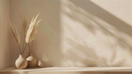 A white ceramic vase filled with pampas grass sits on a white shelf against a white wall. Sunlight streams in through a window, casting soft shadows on the wall.の素材