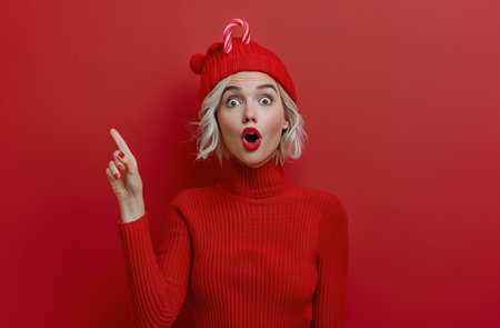 A woman in a Santa hat and a red sweater holds a candy cane in one hand and opens her other hand in surprise. The background is a solid red.の素材