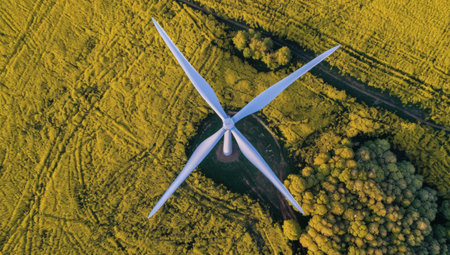 A single wind turbine stands tall in a field of yellow wildflowers, with its shadow stretching across the land. The field is surrounded by a green border, and the image is taken from a bird's-eye view.の素材