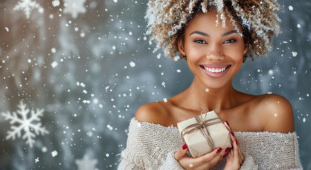 A smiling woman with curly hair holds a wrapped gift in front of her. Snowflakes fall around her, and twinkling lights can be seen in the background.の素材