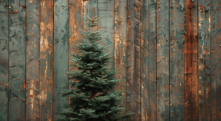 A Christmas tree with lights is placed in front of a rustic wood wall.の素材