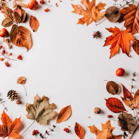 A white frame sits on a light background surrounded by autumnal decorations, including leaves, berries, and a pine cone.の素材