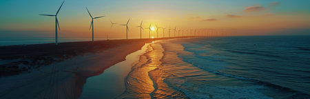 A row of wind turbines stand tall on the sandy shore of a beach at sunset, with the ocean waves crashing in the background. The sky is a beautiful blend of orange and blue hues, creating a stunning visual contrast.の素材