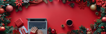 A person works on a laptop with a cup of coffee on a red table decorated with Christmas greenery, ornaments, and berries.の素材