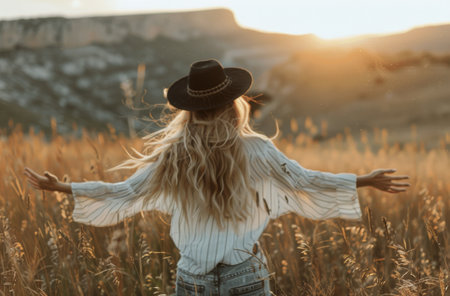 A woman with long blonde hair, wearing a white shirt and a black hat, stands in a field of tall grass, arms outstretched. The mountains are visible in the background.の素材
