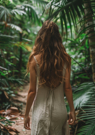 A woman with long, wavy hair walks through a dense, green jungle. She wears a long, flowing dress. The sunlight filters through the leaves, creating a dappled effect on the ground.の素材