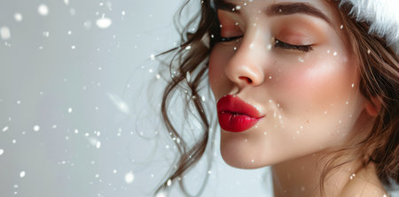 A young woman with long, curly brown hair wears a red Santa hat. She is looking at the camera with her eyes closed and lips puckered, blowing a kiss.の素材
