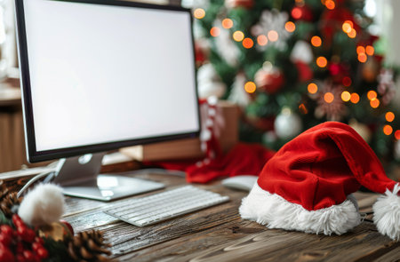 A red Santa hat sits on a wooden desk in front of a computer, with a Christmas tree and ornament visible in the background.の素材