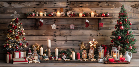 Two Christmas trees with lights and snowflakes stand against a rustic wooden wall. Candles glow to create a festive atmosphere. Snow and gingerbread men complete the holiday charmの素材