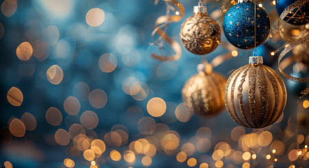 Close-up of blue and gold Christmas ornaments with sparkling lights and a blurry background.の素材