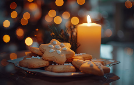 Close-up of star-shaped cookies dusted with powdered sugar and sprinkled with golden beads, resting on a wooden table in front of a lit candle and blurry lights.の素材