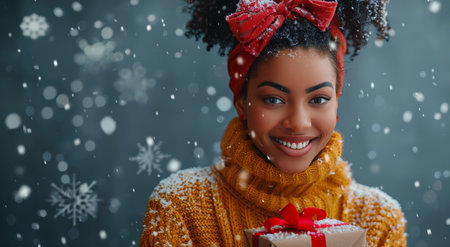 A woman with curly hair smiles as she holds a wrapped gift in front of a snowy background. She is wearing a brown sweater and is covered in a light dusting of snow.の素材