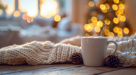 A mug of warm drink with whipped cream and star anise sits on a wooden table beside a cozy bed with a fuzzy blanket. The background is blurred with warm lights and Christmas decorations.の素材