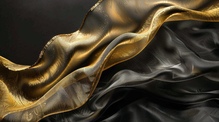 Two black plates with golden ornaments on a black surface. Golden berry branches are in the upper left and right corners.の素材