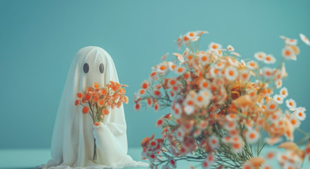 A white ghost costume with a painted skull face stands in front of a bouquet of white flowers against a blue background.の素材