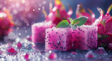 Frozen dragon fruit cubes with water droplets.の素材