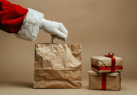 Santa Claus's gloved hand holds a brown paper bag filled with gifts, wrapped in red and gold ribbons.の素材