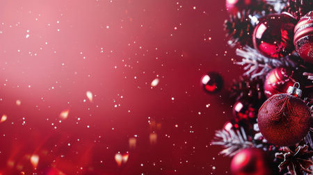 A close-up shot of a decorated Christmas tree with pine needles, ornaments, and festive lights. The background features a blurred bokeh effect with twinkling lights and a hint of falling snow.の素材