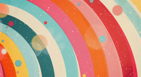 Abstract background with colorful wavy lines and scattered circles.の素材