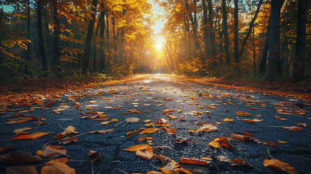 In a forest, a winding paved road is lined with colorful autumn leaves illuminated by the setting sun. Tall trees with red, orange, and yellow leaves cast shadows and dapple the road with lightの素材