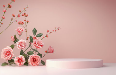 A white platform sits on a pink background with pink roses on either side.の素材