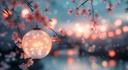 A branch of delicate cherry blossoms hangs against a soft blue sky with a full moon and bokeh lights in the background. Two lit lanterns hang from the branch, casting a warm glow against the pink petals.の素材