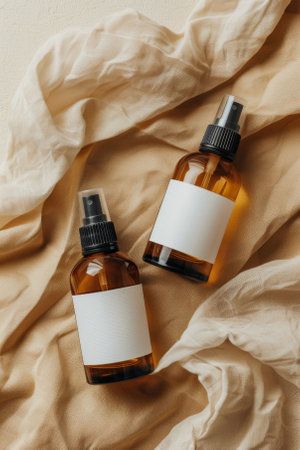 Two amber spray bottles with blank white labels lay on a soft, beige fabric. The bottles are obscured by the fabric, creating a minimalist, modern aesthetic.の素材