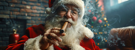 A man dressed as Santa Claus smokes a cigar, exhaling smoke in front of a brick wall, with a blurred Christmas tree in the background.の素材