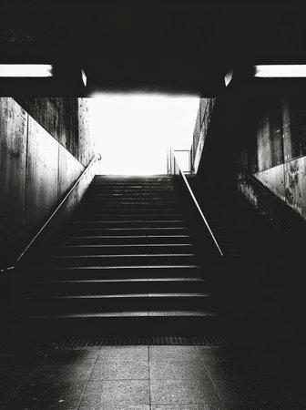 A concrete staircase with a black handrail extends into the background. The stairs are made of concrete and have a rough, textured surface.の素材