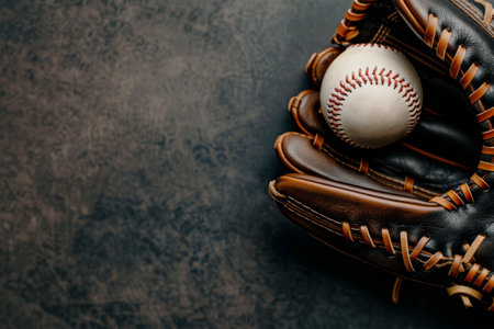A weathered baseball glove and a worn baseball lie on a textured, dark surface.の素材