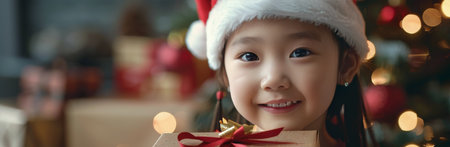 A young girl in a Santa hat holds a wrapped gift, smiling at the camera. Festive lights and bokeh effects are in the background.の素材