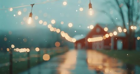 A string of lights hangs in the foreground, glowing warmly against the backdrop of a sunset and a barn in the distance.の素材