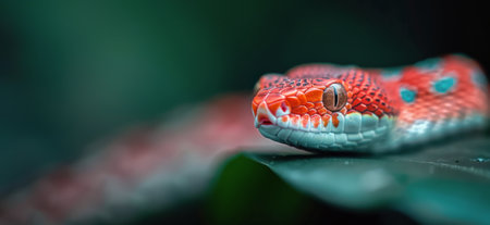 A red snake with bright blue eyes sits on a green leaf, its head turned slightly to the side. The snake's scales are visible, and the background is blurred.の素材
