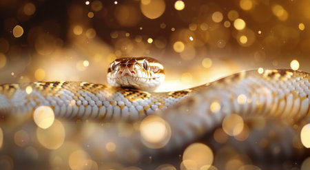 A yellow and white python snake with red tongue out stars directly at the camera, with a blurry background of gold bokeh.の素材
