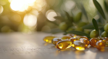 A close-up image of a group of shiny golden-yellow olive oil capsules on a wooden surface with an out-of-focus background of lush greenery and bright sunlight.の素材