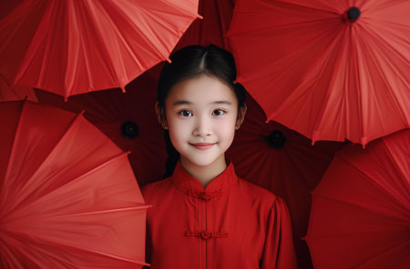 A young girl in a red dress stands in front of a wall of red umbrellas, holding a large one in front of her. She looks directly at the camera, with a neutral expression.の素材