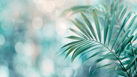 A close-up of a palm leaf against a blurred background of light turquoise and white bokeh.の素材