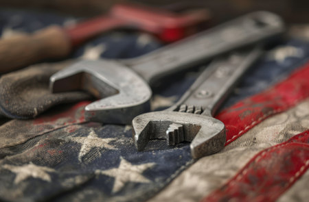 A close-up of worn work gloves and a wrench resting on a faded American flag. The image evokes a sense of hard work and dedication.の素材