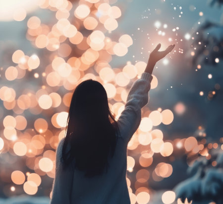A woman's hand reaches out towards sparkling lights, creating a magical and festive atmosphere. The bokeh effect of the lights creates a dreamy, whimsical ambiance.の素材