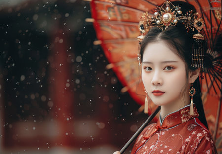 A young woman wearing a red and gold dress and elaborate hair ornament looks directly at the viewer. She is standing in front of a red background, with small, white particles falling around her.の素材