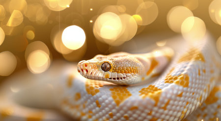 A yellow and white python snake with red tongue out stars directly at the camera, with a blurry background of gold bokeh.の素材