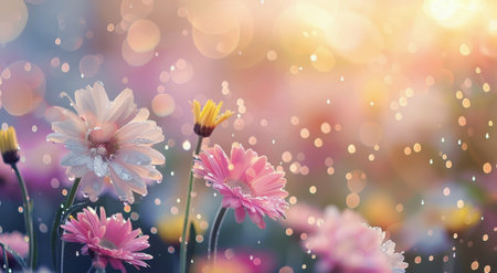 Pink flowers bloom in a field during a gentle rain shower. The sunlight shines through the rain, creating a beautiful bokeh effect.の素材