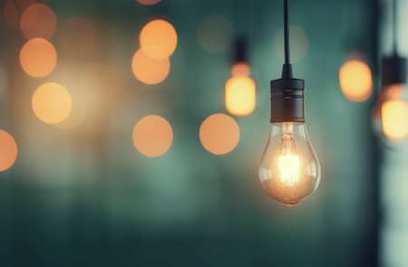 A single light bulb hangs from the ceiling, glowing brightly against a background of out-of-focus lights.の素材
