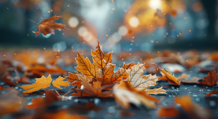 Autumn leaves cover the forest floor, highlighted by the setting sun. One vibrant leaf stands out against the earthy tones. Peace fills the air as nature transitions to winterの素材
