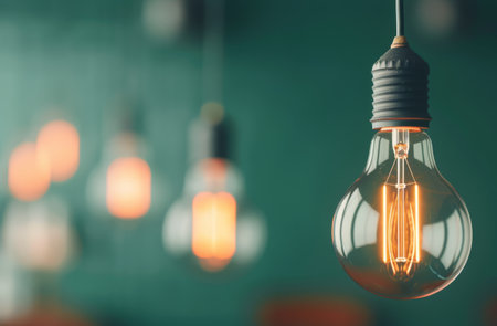 A single light bulb hangs from the ceiling, glowing brightly against a background of out-of-focus lights.の素材