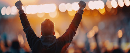 A man with his arms raised in the air cheers at a concert, silhouetted against the bright stage lights. The crowd is blurred in the background, creating a sense of excitement and energy.の素材